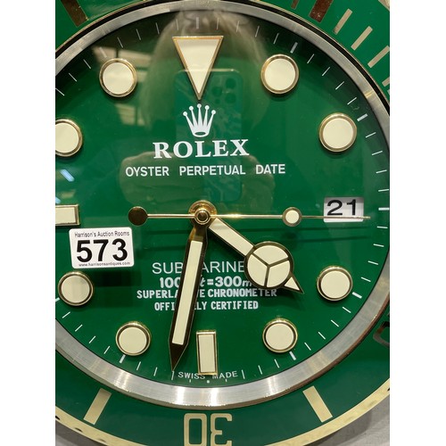 573 - Rolex dealer wall clock. Gold on Green submariner