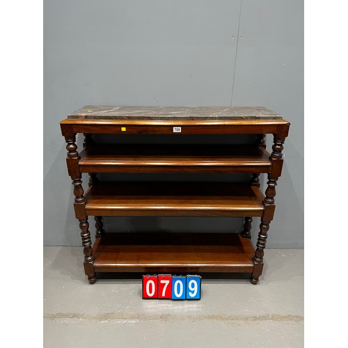 709 - Victorian mahogany 4 tier wotnot. Marble is a/f