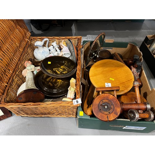 9 - Box wooden ware + picnic basket & contents