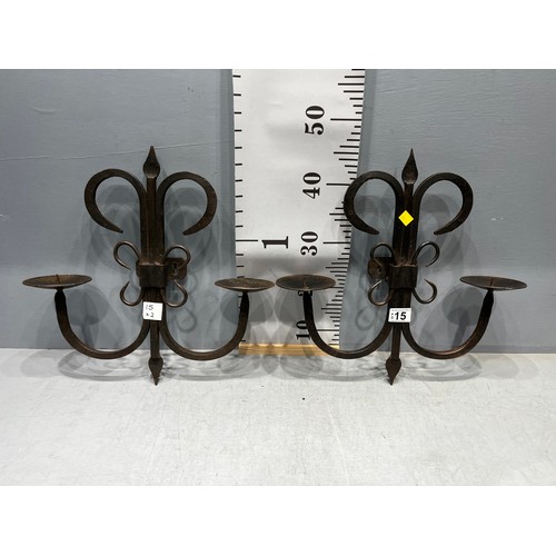 15 - Pair wrought iron wall candle sconces