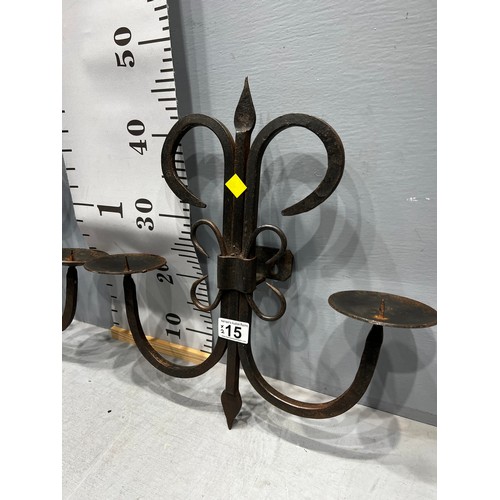 15 - Pair wrought iron wall candle sconces