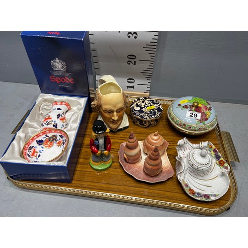 29 - Tray collectables, ink stand carlton ware salt/pepper set, wade figure sylvac toby jug etc