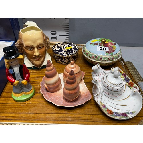 29 - Tray collectables, ink stand carlton ware salt/pepper set, wade figure sylvac toby jug etc