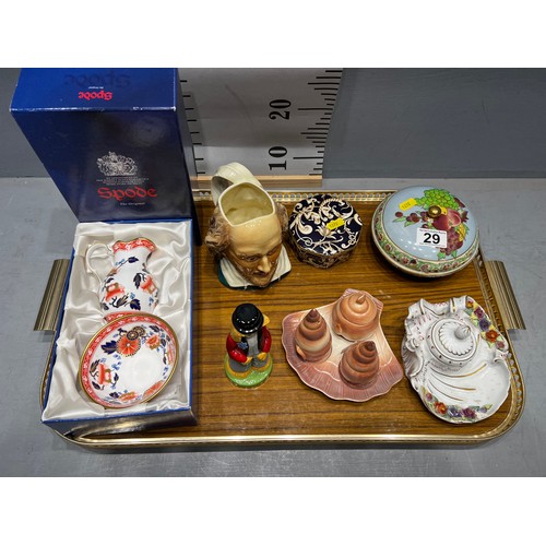 29 - Tray collectables, ink stand carlton ware salt/pepper set, wade figure sylvac toby jug etc