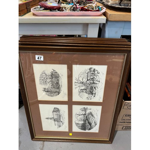 47 - 6 Picture frames, 2 having ink drawings