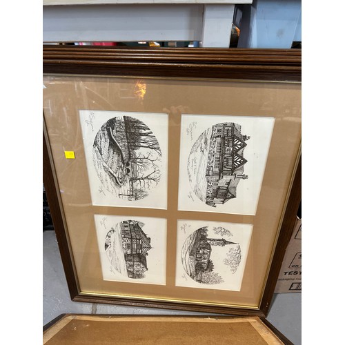 47 - 6 Picture frames, 2 having ink drawings