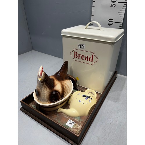 60 - Bread bin, hen, tea pot clock, tray, scales & tin