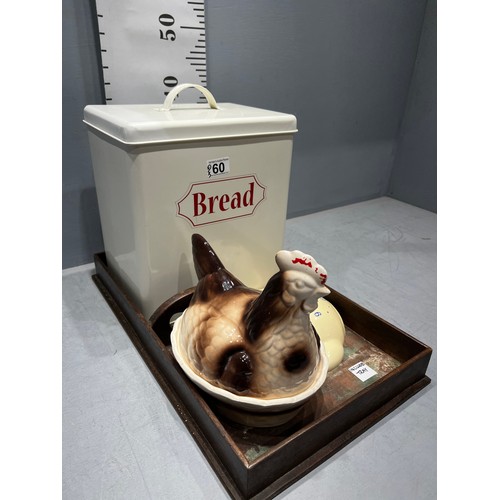 60 - Bread bin, hen, tea pot clock, tray, scales & tin