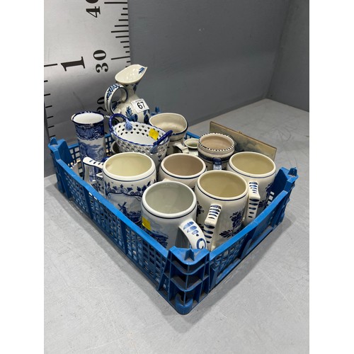 67 - Box delft blue tankards, jug vase etc