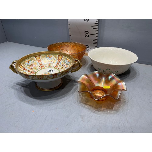 95 - Noritaki bowl + 2 carnival glass bowls + beleek bowl