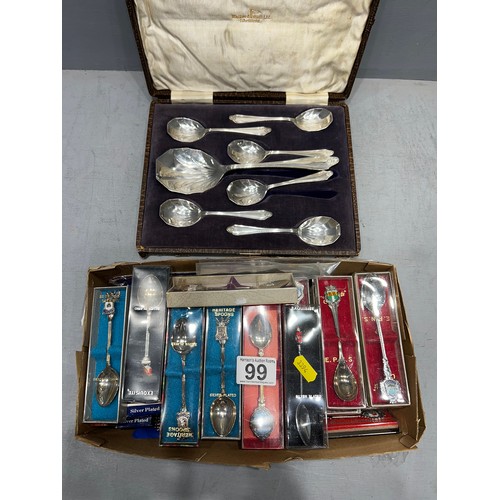 99 - Box souvenir spoons + cased fruit set