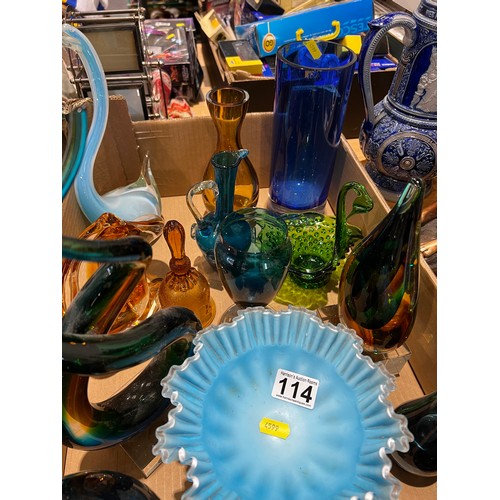114 - Box of vintage coloured glass ware
