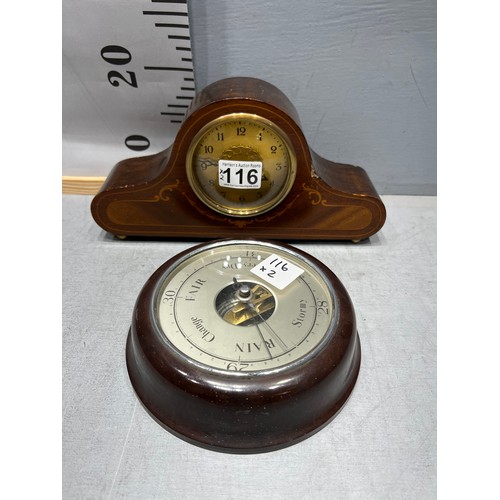 116 - Edwardian inlaid mantle clock + baker light barometer