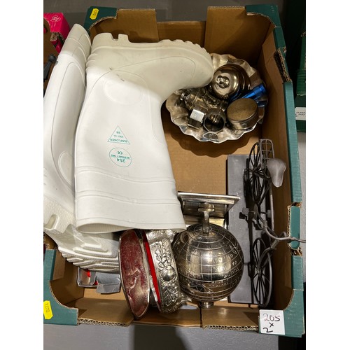 205 - Box of plated ware etc + box of coach lights