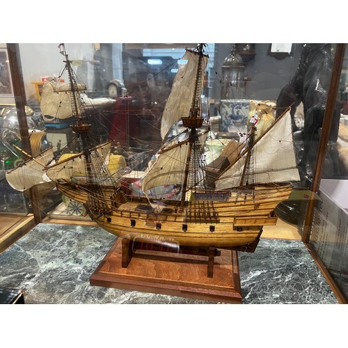 216 - Vintage galleon in case on marble base