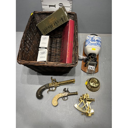 242 - Box of misc inc delft coffee grinder + brass ware etc