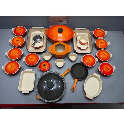 2 - Large quantity le creu set made in france orange casserole dishes frying pans etc most as new