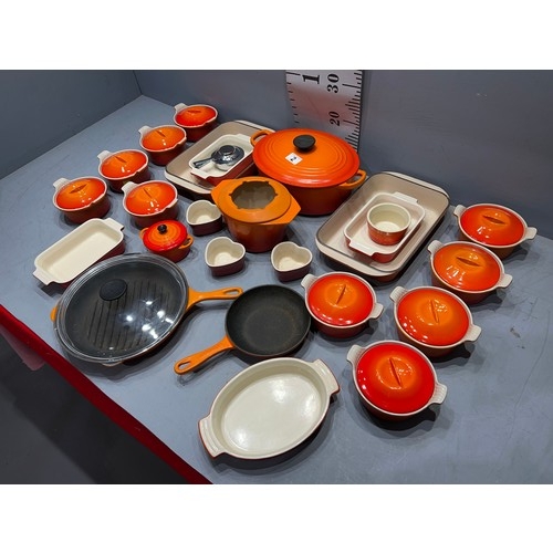 2 - Large quantity le creu set made in france orange casserole dishes frying pans etc most as new