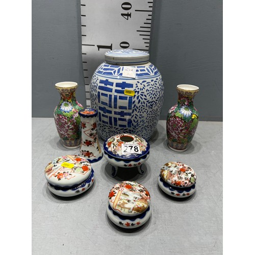 278 - Quantity Chinese + Japanese vases + lidded jars