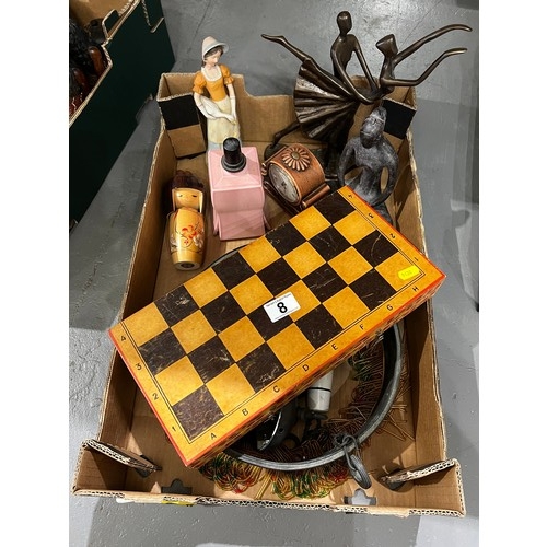 8 - Box collectable wooden chess board figures, deco figures, beaded ceiling light