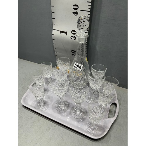 286 - Cut glass decanter + wine glasses