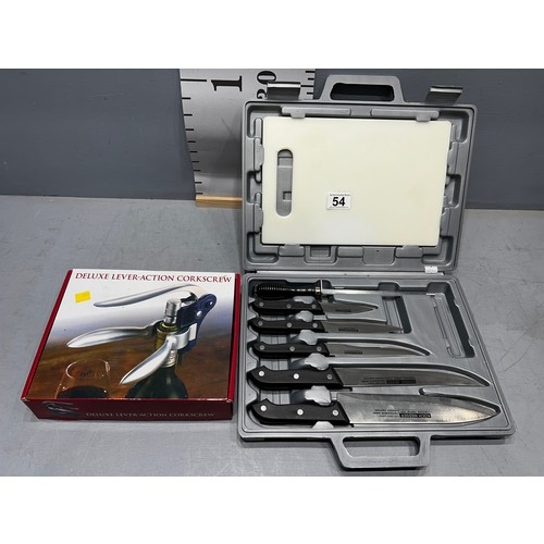 54 - Koch messer cased set stainless steel kitchen knives + deluxe lever-action cork screw boxed