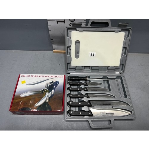 54 - Koch messer cased set stainless steel kitchen knives + deluxe lever-action cork screw boxed