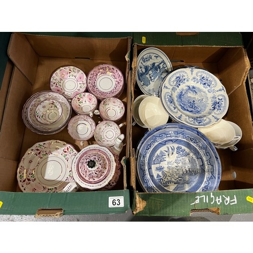 63 - Box Victorian pink lustre tea ware + box blue/white pottery
