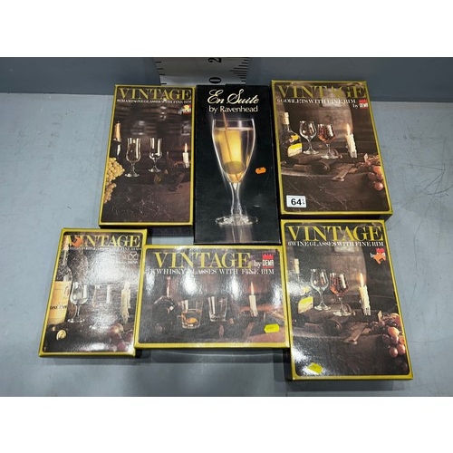 64 - 6 Boxed sets glassware wine/sherry/champagne/whiskey