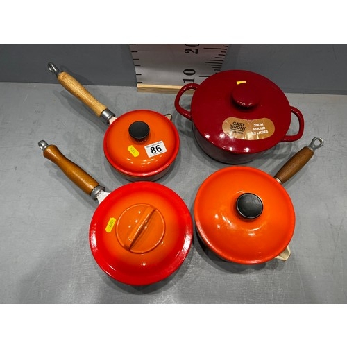 86 - 3 Enamel cast iron pans & lids + cast iron casserole dish