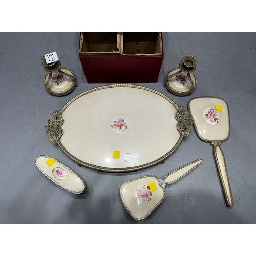 119 - Vintage dressing table set inc regent candle sticks in original box