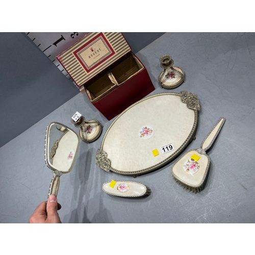 119 - Vintage dressing table set inc regent candle sticks in original box