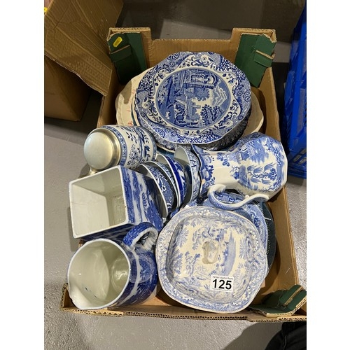 125 - Box of Victorian & later flo blue pottery & b&w pottery