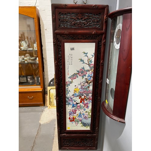 688 - Large carved + ceramic Chinese wall plaque