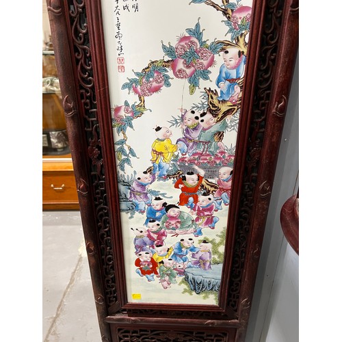 688 - Large carved + ceramic Chinese wall plaque