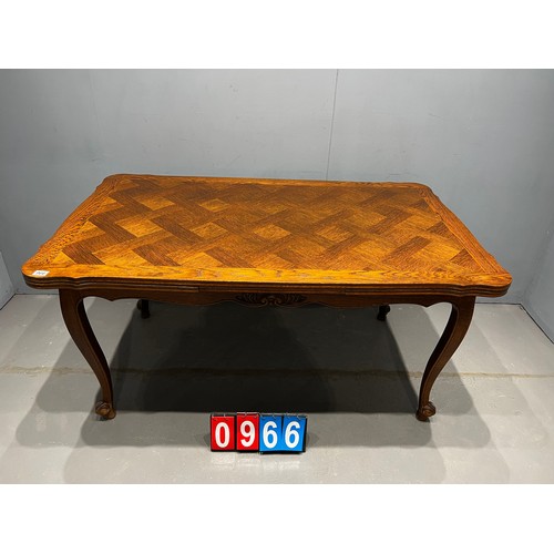 966 - French oak drawer leaf table. Parquet top + leafs