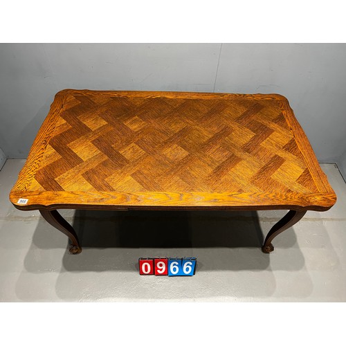 966 - French oak drawer leaf table. Parquet top + leafs