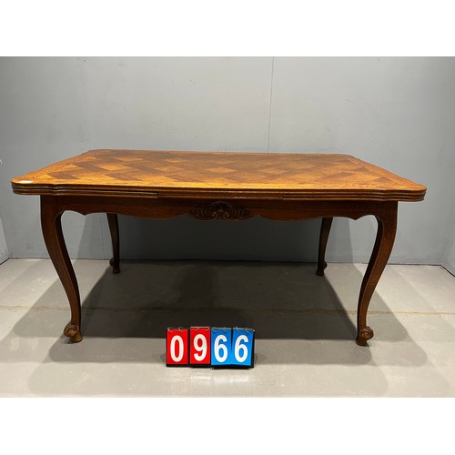 966 - French oak drawer leaf table. Parquet top + leafs