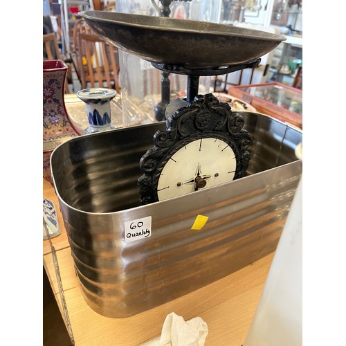 60 - Bread bin, hen, tea pot clock, tray, scales & tin