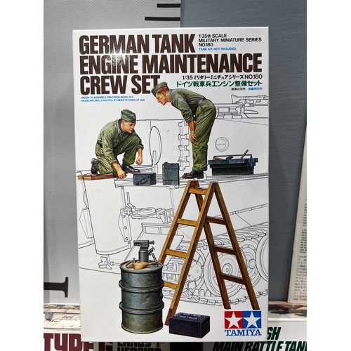 8 - 9 Assorted tamiya model kits challenger 1 tank, German panther tank, 5 military minitures, rocket la... 