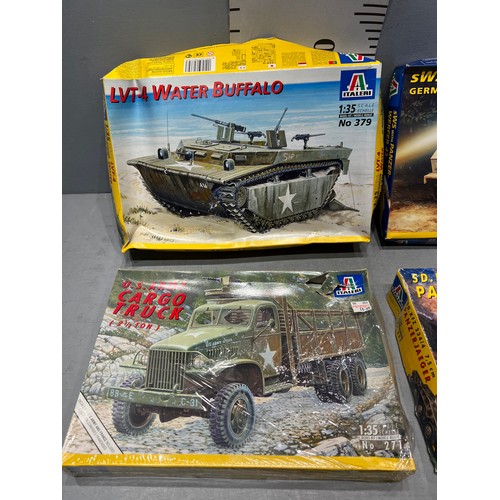 17 - 5 Italeri model kits, 2 water buffalo tanks, panzer werfer, us army truck, panzer jaeger tank