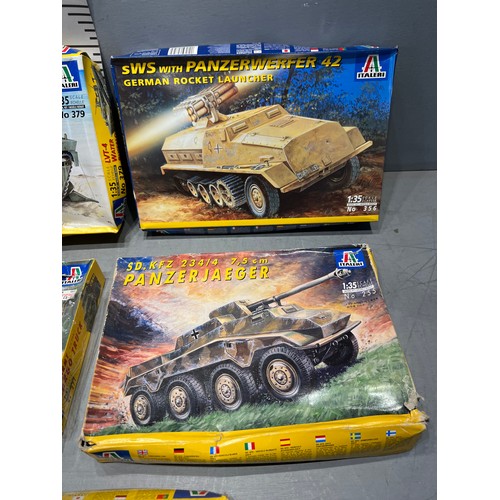 17 - 5 Italeri model kits, 2 water buffalo tanks, panzer werfer, us army truck, panzer jaeger tank