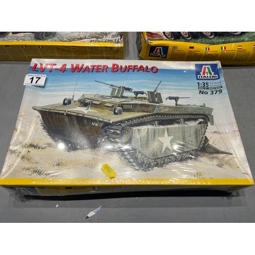 17 - 5 Italeri model kits, 2 water buffalo tanks, panzer werfer, us army truck, panzer jaeger tank