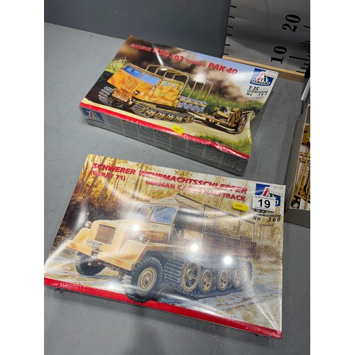 19 - 3 Italeri model kits, magirus r50/03 towing pak 40x 2 , 1 German cargo halftrack