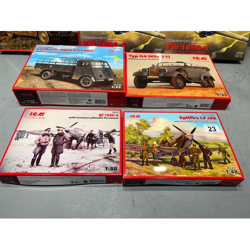 23 - 7x 1cm model kits, spitfire, luftwaffe, 2x German staff cars, German army truck, 2 German reconnaiss... 