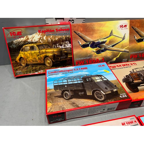 23 - 7x 1cm model kits, spitfire, luftwaffe, 2x German staff cars, German army truck, 2 German reconnaiss... 