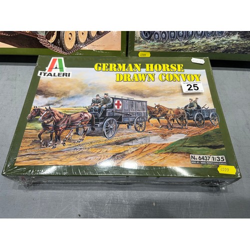 25 - 3 Italeri model kits, crusader MK1 pz. KPFW. 1V ausf.f1/f2 tank, German horsedrawn convoy. 2 are cel... 