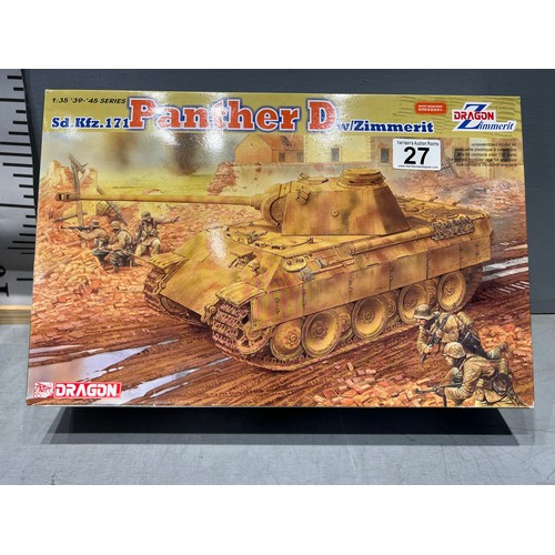 27 - 3 Dragon model kits, German v-2 missile in cellophane wrap, marder tank, panther tank