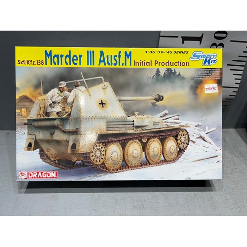 27 - 3 Dragon model kits, German v-2 missile in cellophane wrap, marder tank, panther tank