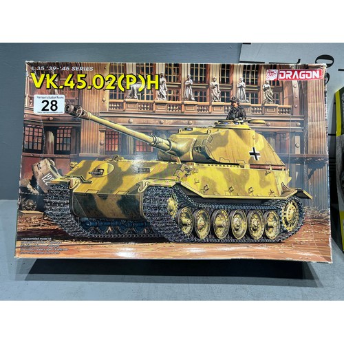 28 - 3 Dragon model kits, vk. 45 tank, stug 111 tank, German v-2 missile this is cellophane wrapped